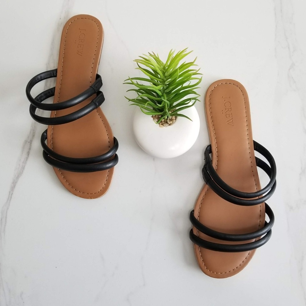 J. Crew Seaside Slides Sandals Black Strappy Flats Slip On Women's Casual Shoes